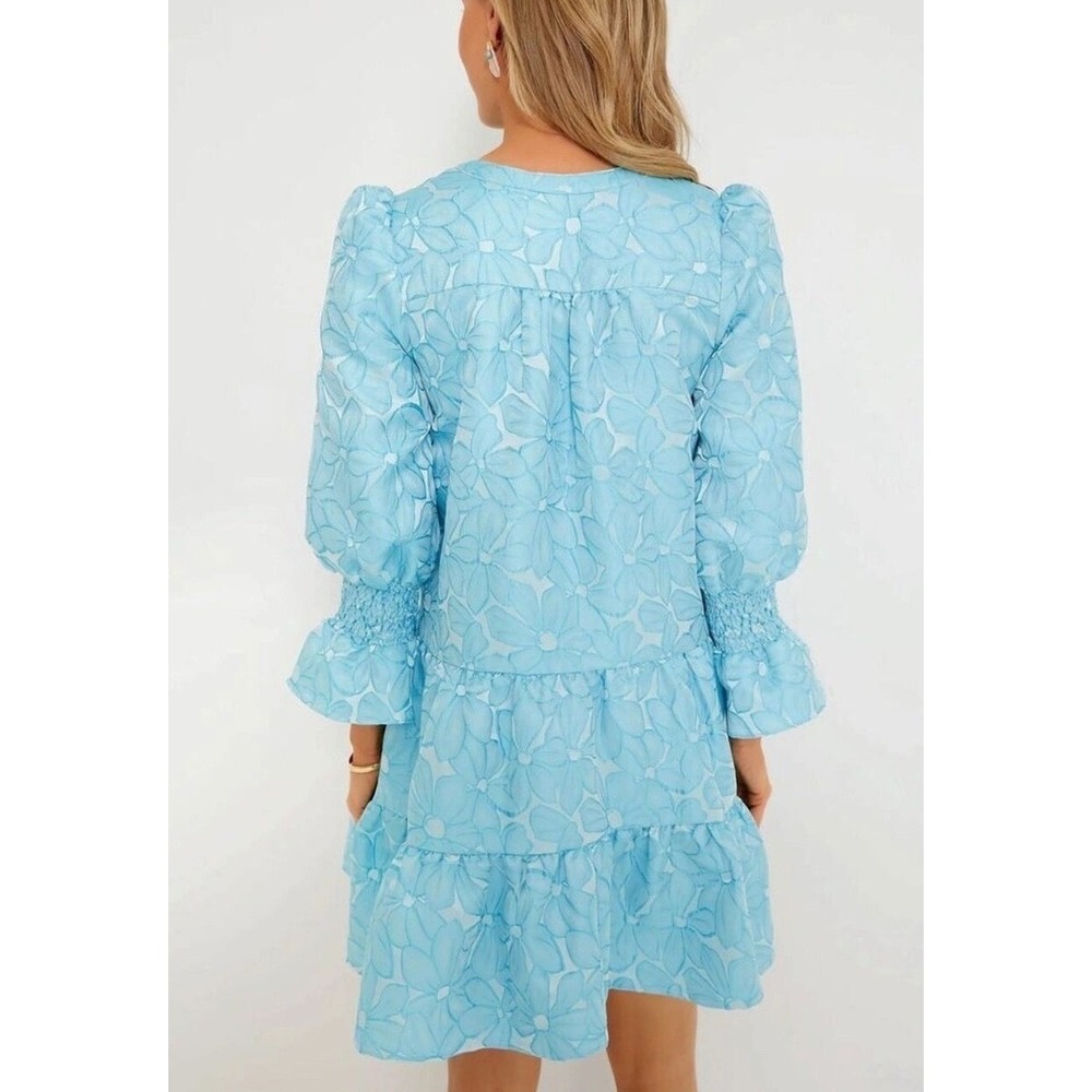 Pomander Place Blue Floral Jacquard Kenzo Tiered Mini Babydoll Dress Medium NEW - Picture 2 of 10